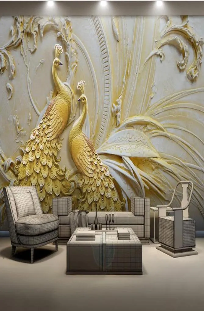 Papier mural 3D personnalisé pour le salon pour les murs pour le salon en relief Golden Peacock 3D MURAL PAPAPERROLLSIZE1810152