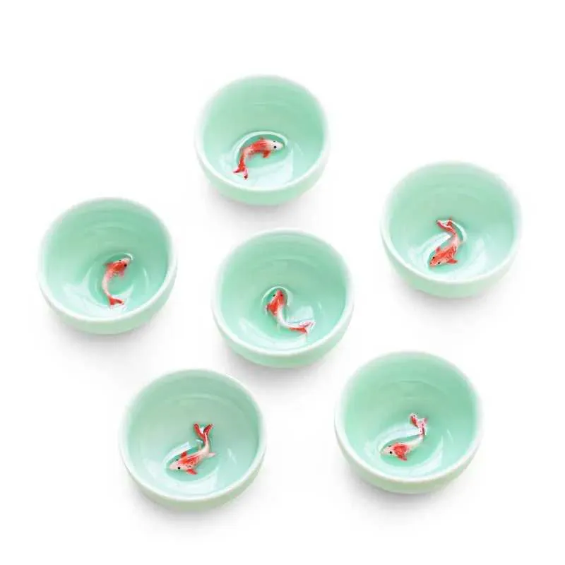 Set di stoviglie da 6 pezzi da tè kung fu tazza di tè set Celadon 3d Golden Fish China Tazza di tè per tè da viaggio da viaggio da viaggio cinese Set da tè in porcellana cinese