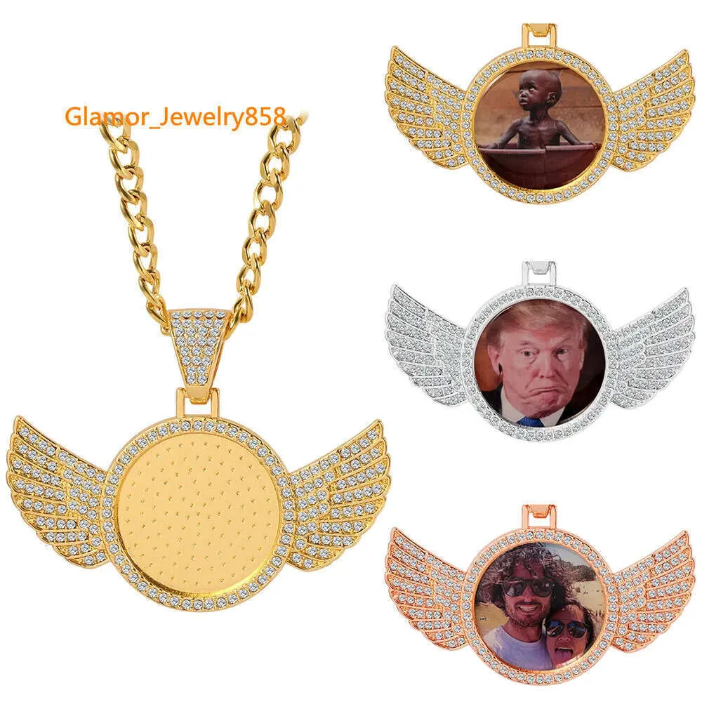 Anpassad foto/ bild isad ut ängelvinghänge halsband med trottoarkedja för män/ kvinnor personligt minne bild guld hip hop smycken