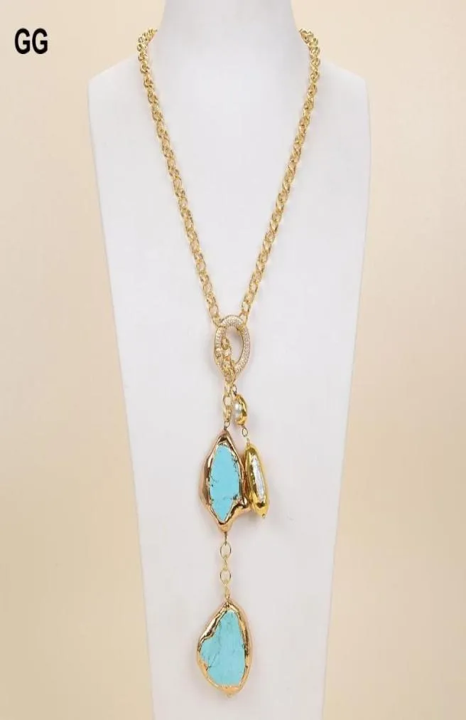 Colliers pendants guaiguai bijoux 27quot blanc biwa perle bleu turquoise gemmes stone lariat chain collier7996300