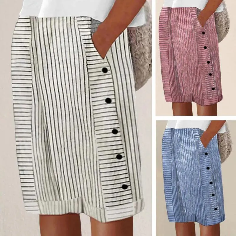 Dames shorts Side Pocket Striped Print knielengte met knopdetail Elastische taille voor vrouwen Dragen Lady Short Pants