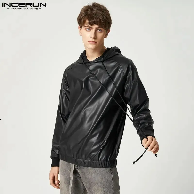 Incerun Men Sweatshirts Solid Color Pu Leather Hooded Long Sleeve Fashion Casual Hoodies Streetwear Punk Pullover S-5XL 240426