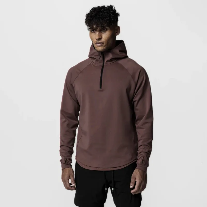 Spierheren sport casual capuchon jas lente herfst fitheid half zip hoge nek losse hoodies mannelijke gym kleding pullovers 240430