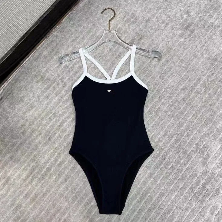 Women's logo applique thin shoulder strap one-piece design swimsuit SMLXL