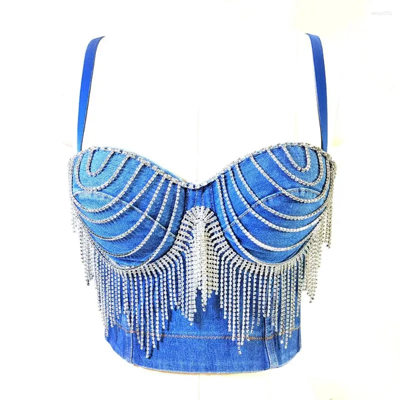 Tank da donna Donne Diamonds Summer Tassel Denim Bustier Corset Crop Tops Occasione speciale jeans Camisole Top Party Club Stamme