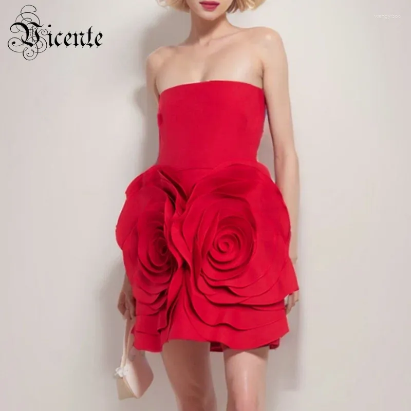 Casual Dresses VC Red Cocktail Party Women Strapless Sleeveless Chic And Pretty 3D Flower Sweet Cute A -Line Mini Dress