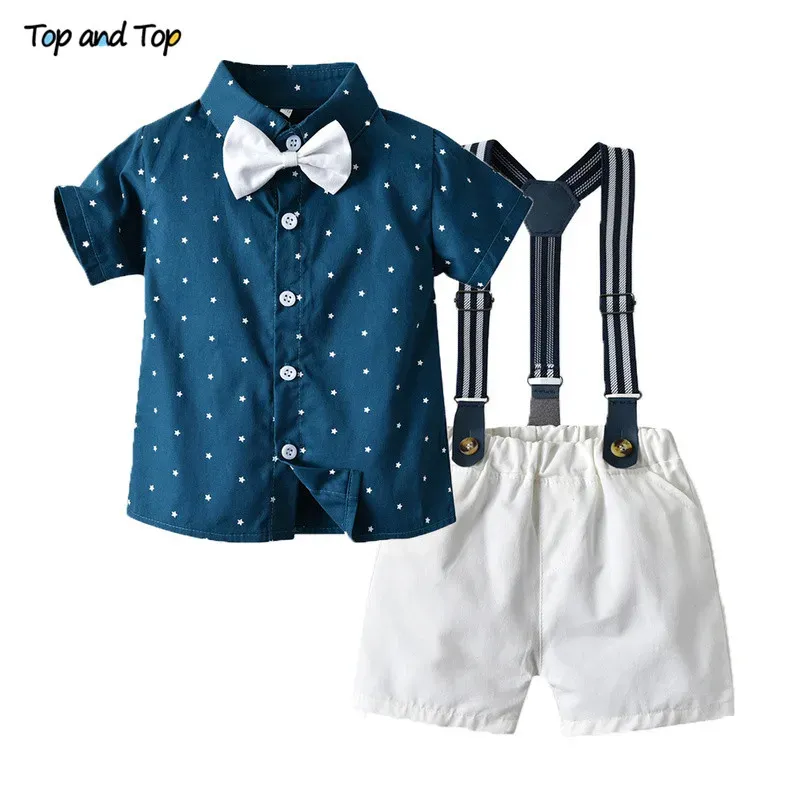 T-shirts Top et Top Little Boys Gentleman Clothing Set 2020 Fashion Kids Boys Casual Short à manches à nœuds papillon + combinaison Salles