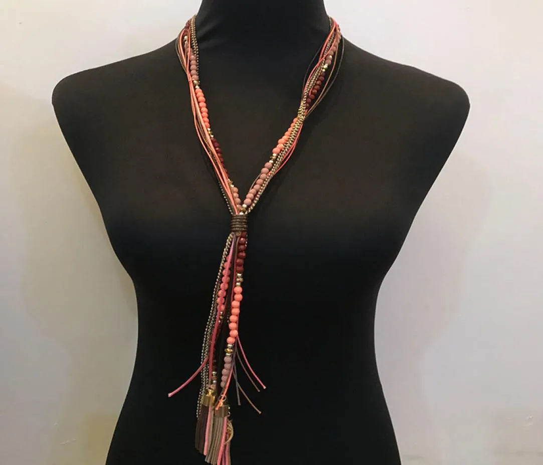 Kpop Fashion Rope Tassel Leather Multilayer Strands Sautoir Long Necklace Women Accessories Collier FemmehalsketteHandmade Rainb4228202