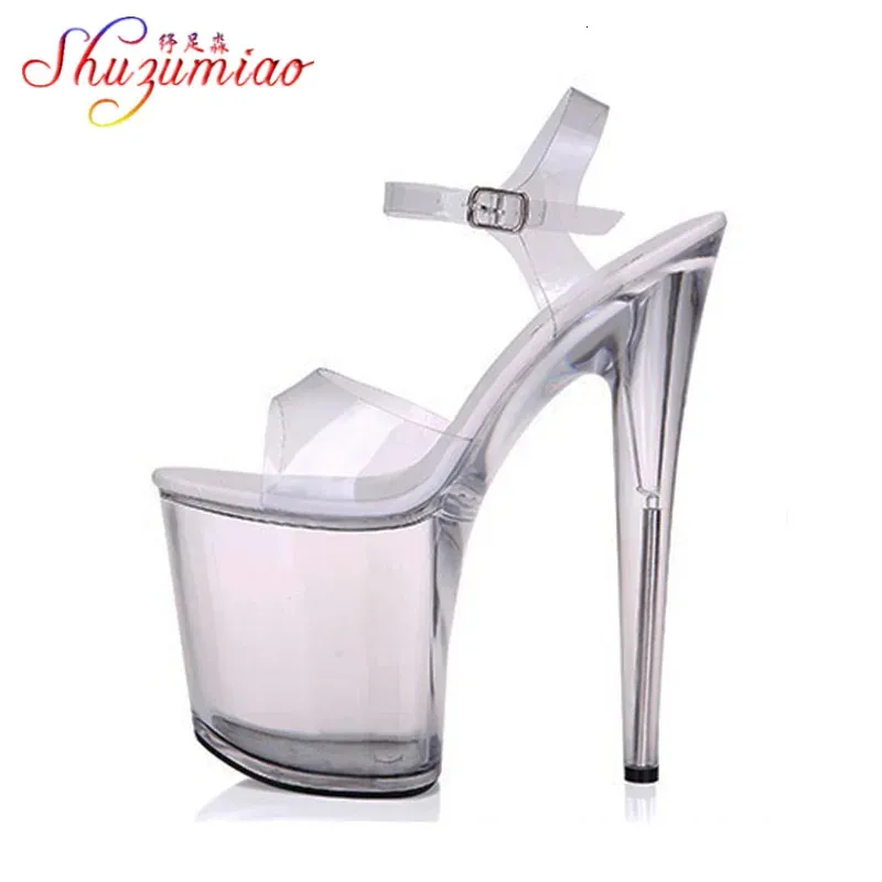 Stahlrohrtanz Sandalen Frauen Qualität ultrahöge Absatz 7-20 cm Transparent Crystal Lady Shoes Model Catwalk Large Yard 240420