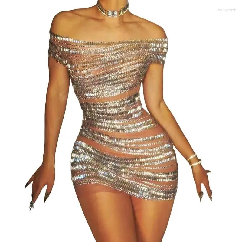 Stage Wear Women Off spalla Shiny Sinestones Dressone Dress Wrap Hip Bodycon Sexy Club Party Costume Canta