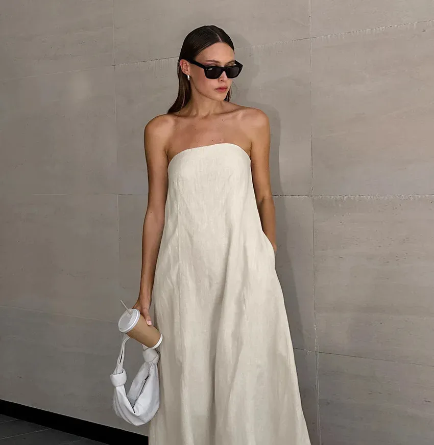 Linho de algodão sem alças com talhas 45% 55% lineens super mole feminino vestido feminino slim long skirt Arrive maxi 240424