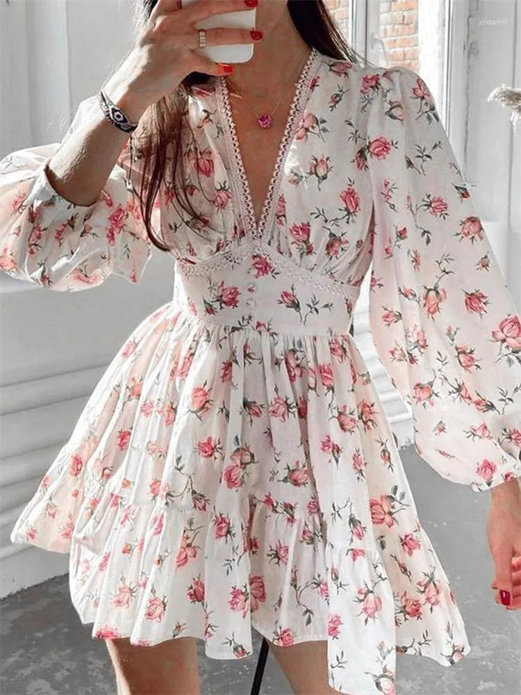 Повседневные платья летние женское цветочное принт французское винтажное платье с длинным рукавом глубоко v шея высокая талия A-Line кружевные сарафы на пляжную одежду