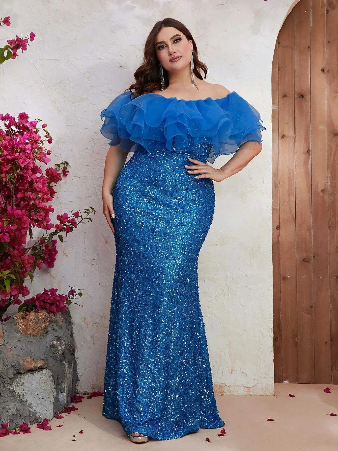 Basic Casual Dresses Plus size womens party dress new fashion strapless mesh splicing elegant sequin wedding dress plus size womens evening dressL2405