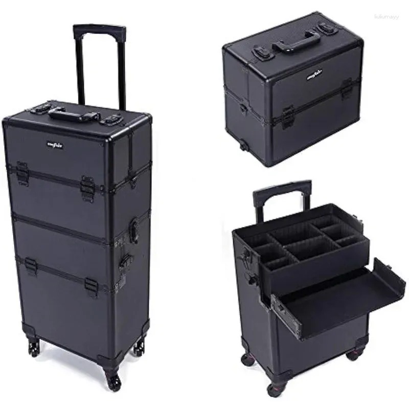 Storage Boxes 2 In 1 Rolling Makeup Train Case Travel Organizer Cosmetic Display Aluminum Cosmetology Supply Suitcase On Wheels
