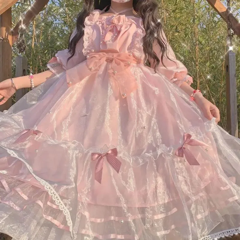 Sukienki imprezowe Con Fairycore Lolita sukienka japońskie kobiety słodka łuk gazy rękawa księżniczka letnie dziewczyny