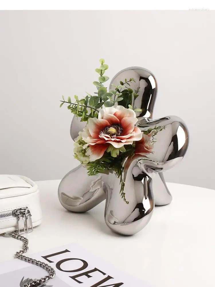 Vaser Creative Light Luxury Silver Flower Shape Ceramic Vase Living Room Table Arrangement Art Ornament Crafts Home Decorations