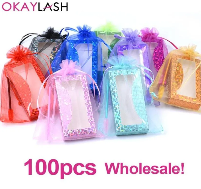 OKSHLASH 50100pcs 3 in 1 borsa da imballaggio per ciglia sfuse brillanti brillanti ciglia lussuoso scatola di padicaging con pennelli per ciglia9695444