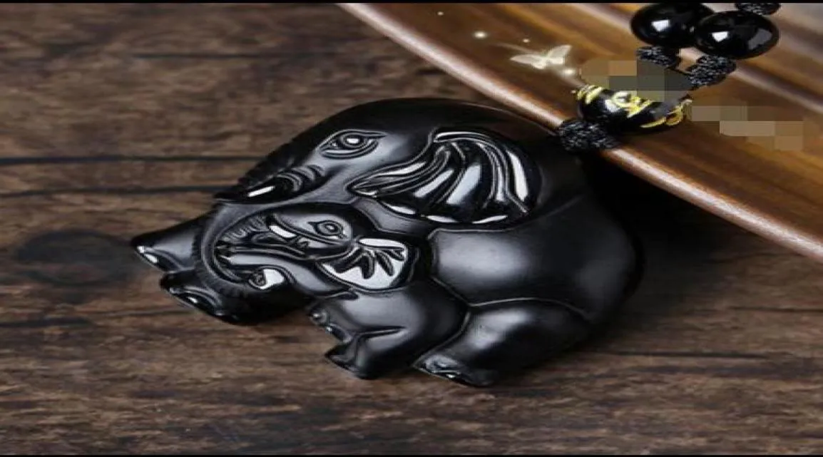 Natural Black Obsidian sculpté Elephant Lucky Pendant Beads Collier 8870569