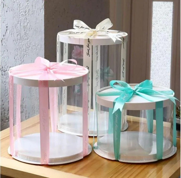 Gift Wrap Clear Round Cake Box Diy Bakning Dessert Flower Gift Packing Without Rand till Christmas Wedding Birthday Party Case5102552