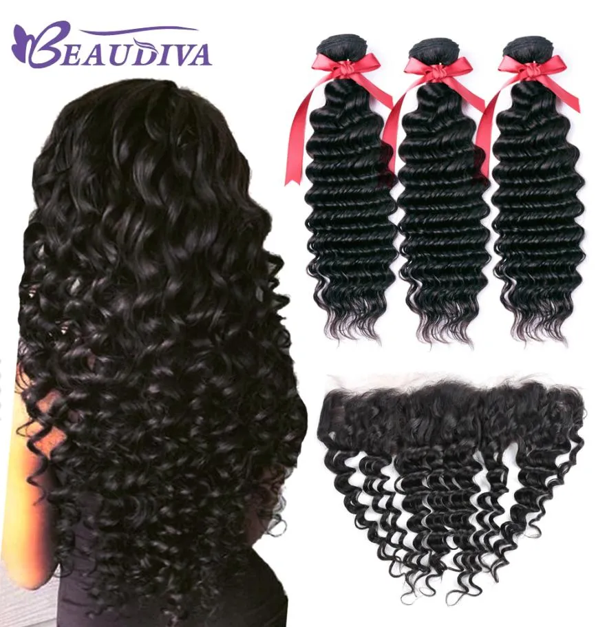 Beau Diva Deep Wave Stuckles с фронтальными бразильскими человеческими волосами 3 пучки с закрытием кружевные фронтальные волосы на 13х4
