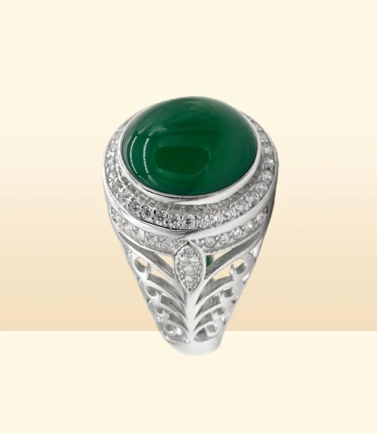 El anillo de hombres con piedra de ágata verde natural 925 plata esterlina diseño hueco de huecos