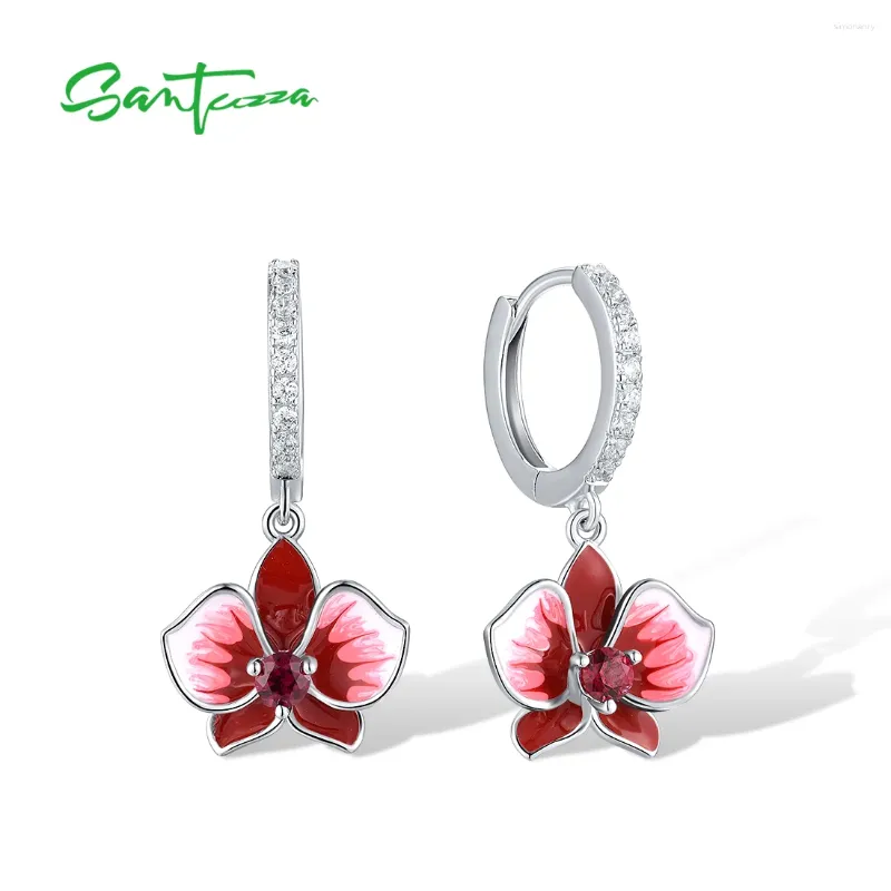 Dangle Ohrringe Santuzza rein 925 Sterling Silber Tropfen für Frauen funkelnde weiße cz erzeugt Rubin Emaille Blume Hochzeit Fein Schmuck