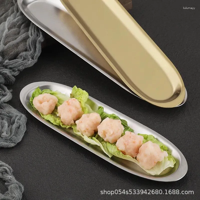 Płytki Złoty stal ze stali nierdzewnej Krewetki przesuwane Specjalne garnek Restauracja Stołowa stołowa kulki wołowiny Długie paski sushi grilla