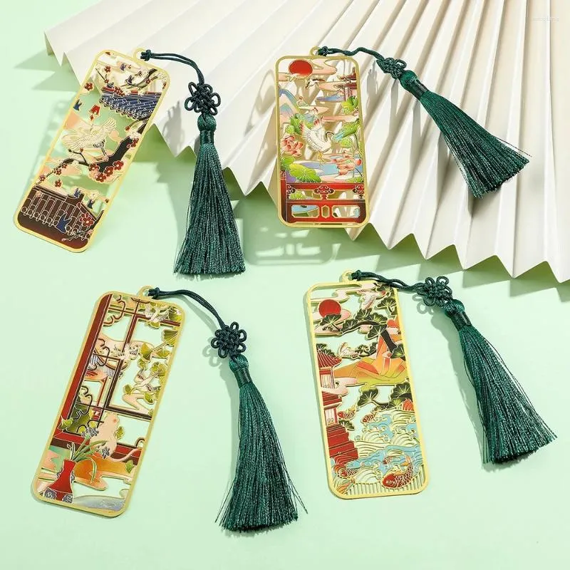 Metal Hollow Bookmark Chinese Creative Painted Book Holder Tassel hanger Kids Gift Stationery School Office Supplies