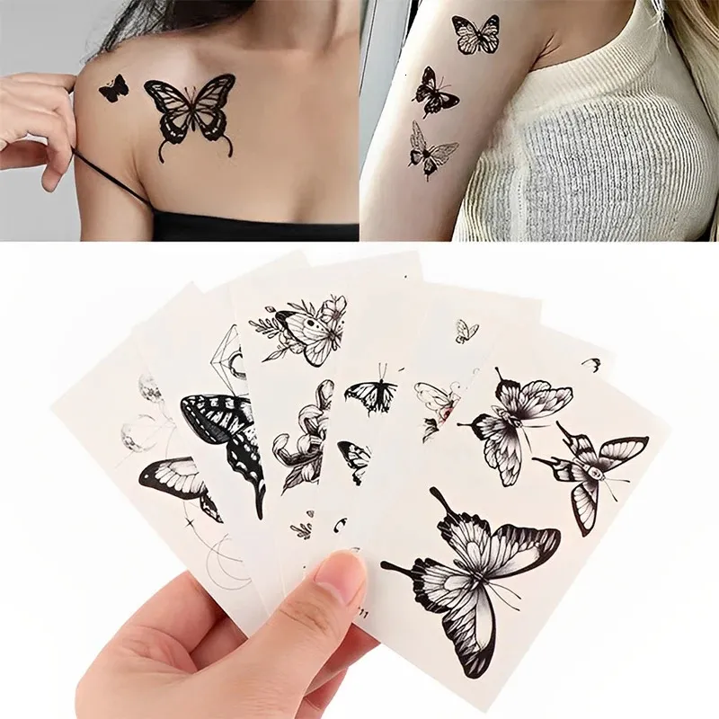 Waterdichte tijdelijke tattoo -stickers vlinder rose kawaii overdracht flash dames nek hand body art nep tattoos mannen 240423