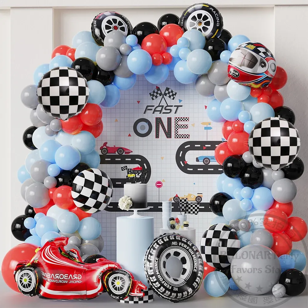 Netting 1set Racing Car Theme Balon Garland Arch Kit Kit Casque de pneu Foil Globos Kids 1st Birthday Cars Party décorations garçon Baby Shower