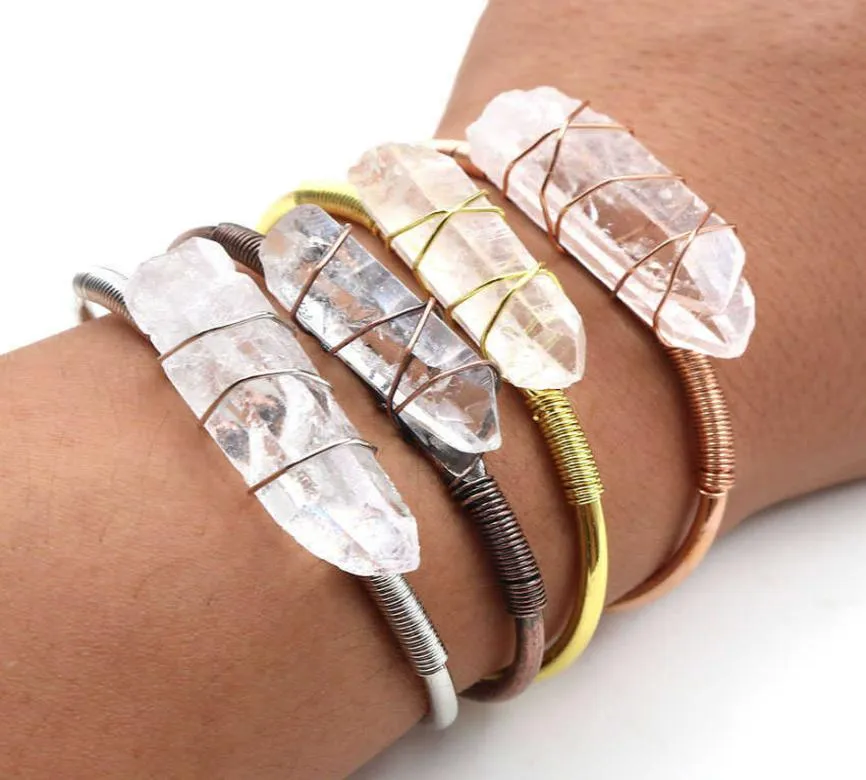 Wire Wrap Raw Mineral Crystal Stone Bangles Natural Stone Clear Quartz Bangles Armband Öppna manschett Bangles Kvinnliga smycken Q4434588