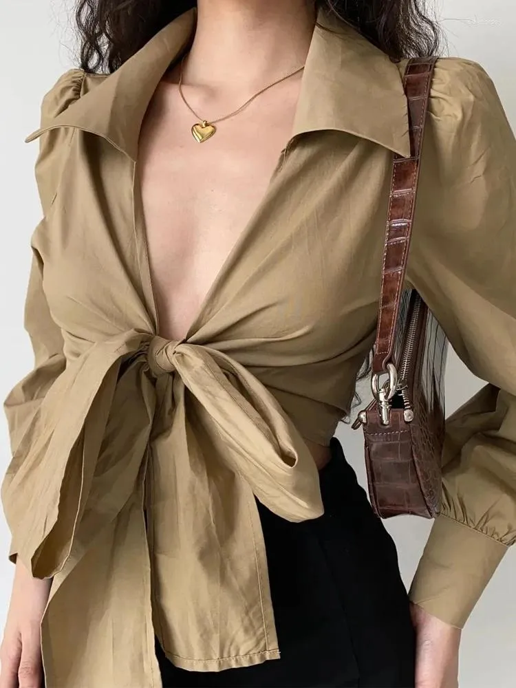 Women's Polos 2024 Korean Elegant Lantern Cuff V-neck Tie High Waist Fashion Spring/Summer Shirt Top Commuting Leisure Campus Style