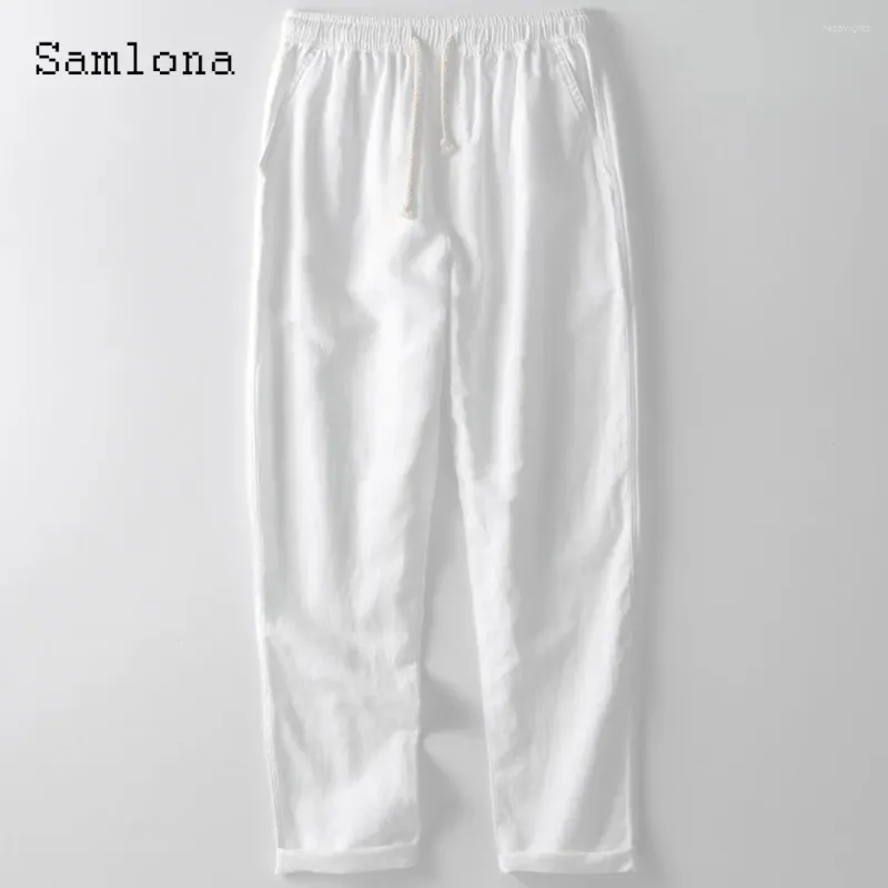 Pantalon masculin 2024 hommes à la taille élastique décontractée en lin blanc massif blanc de poche pantalon de poche plus taille 3xl massive de mode de mode élégante