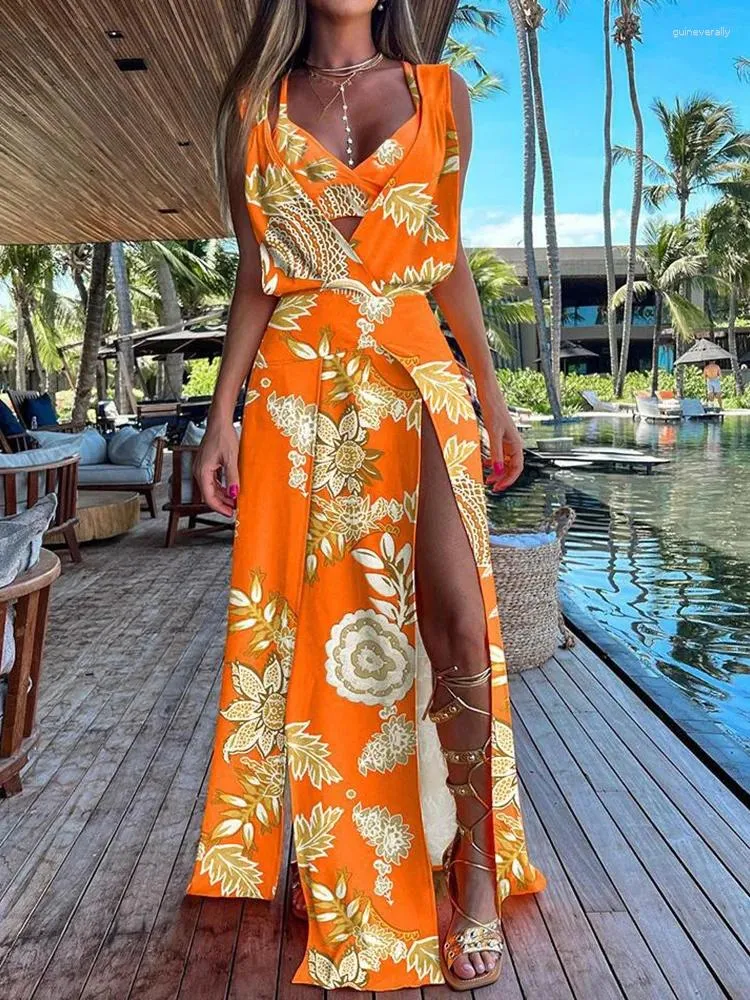 Werk jurken lange rok en vest print tweedelige set casual dames feestclub matching suit dames vakantie strand sexy holle out