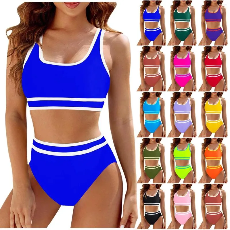 Kvinnors badkläder 2024 Fashion Women Bikini Set Elastic Two Piece Swimsuit Color Block High Cut Bathing Suits Belly Lifting Hip Tankini
