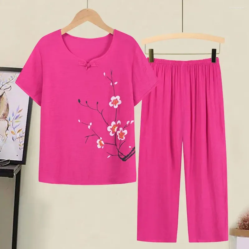 Pantalon de deux pièces pour femmes Pyjama Set Grand-mère Sleepingwear Elegant Med-Aged with Flower Print Short Sleeve Top Wide for Mother