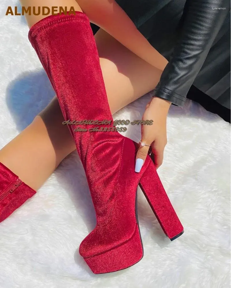 Stiefel Almalmudena Red Velvet Chunky Ferse Knie hohe Plattform runde Zeh Große Reißverschlüsse Elegante Frauen Abendkleiderschuhe size46
