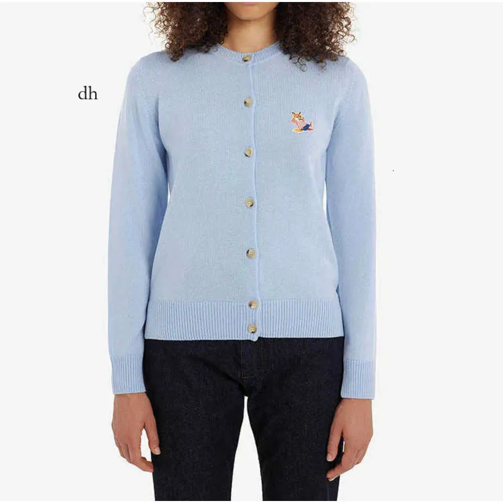 メゾンキツネの刺繍入りウールニットカーディガンVネックセーターコート女性ファッションウォームウェアボタン100％ウールニット81