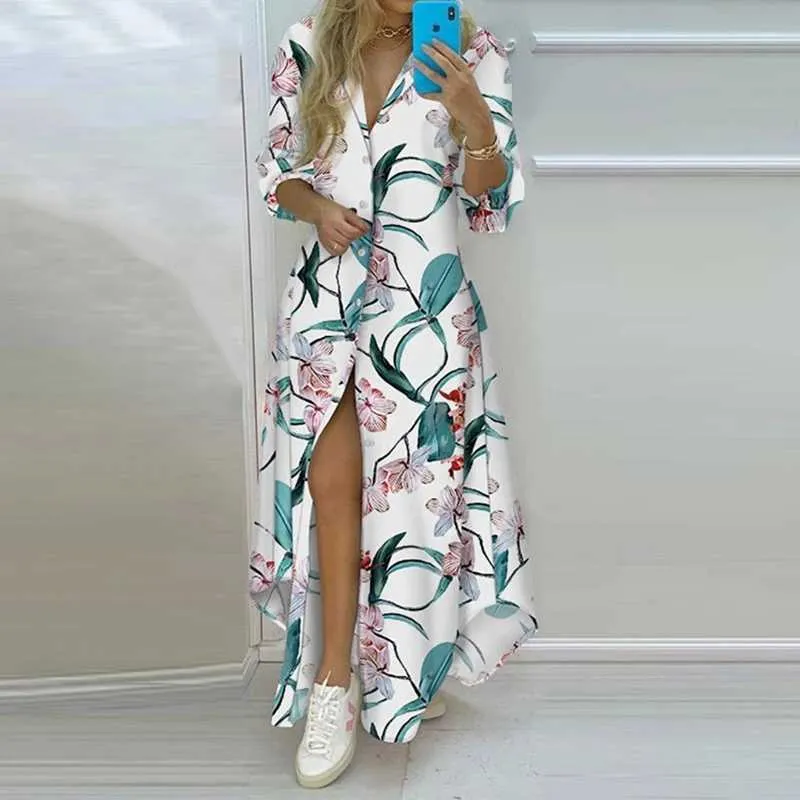 Basic Casual Kleider plus Größe Herbst und Winter Langes Kleid für Frauen weiß langärmelige V-Ausschnitt Elegante Kleiderparty lässig Blumendruck Vintage Shirt Dressl2405