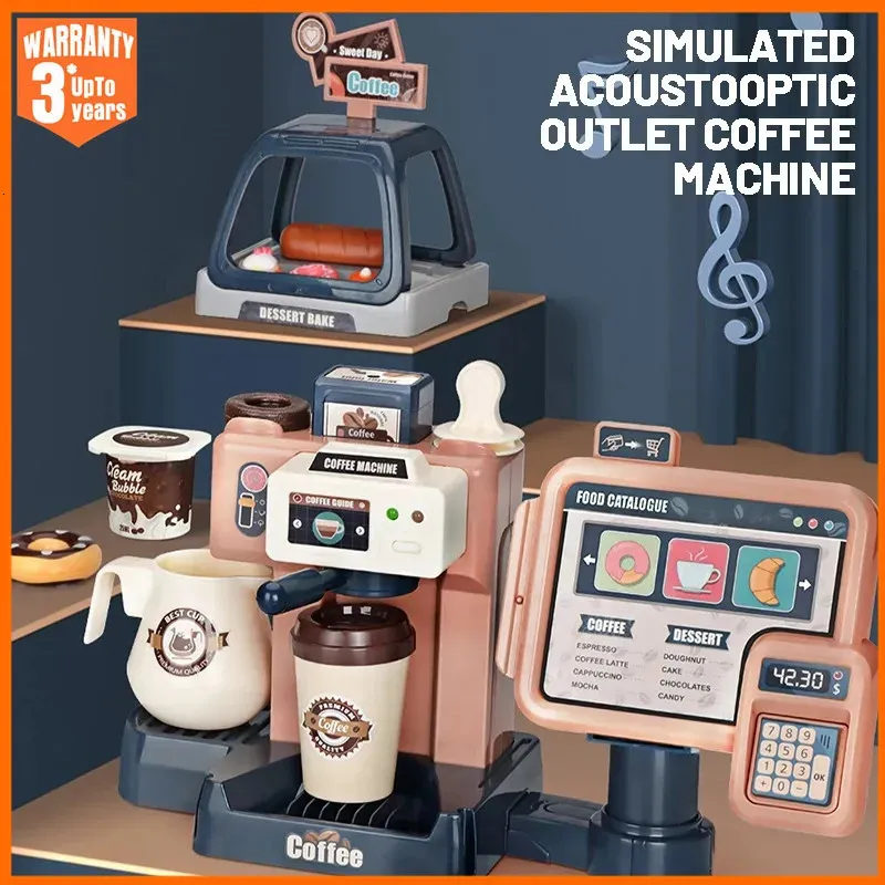 Kids Coffee Machine Toy Set Kitchen Toys Simulation Food Bread Coffee Cake Pretend Play Shopping Cash Register Toys For Children 240420