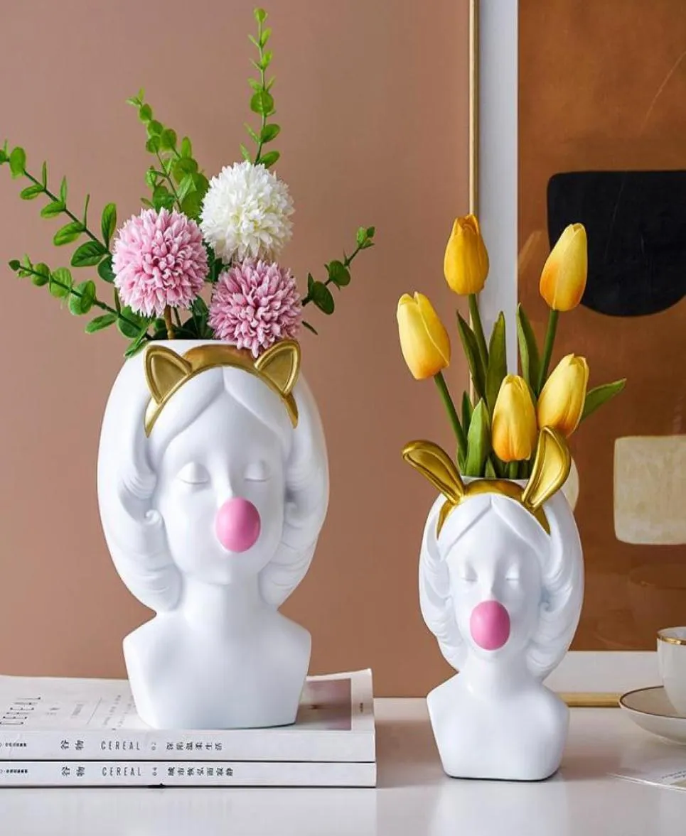 Vase de résine blanche de style nordique mignonne fille souffle bulles décoratives sculpture vase moderne décoration de maison du stylo 2620033