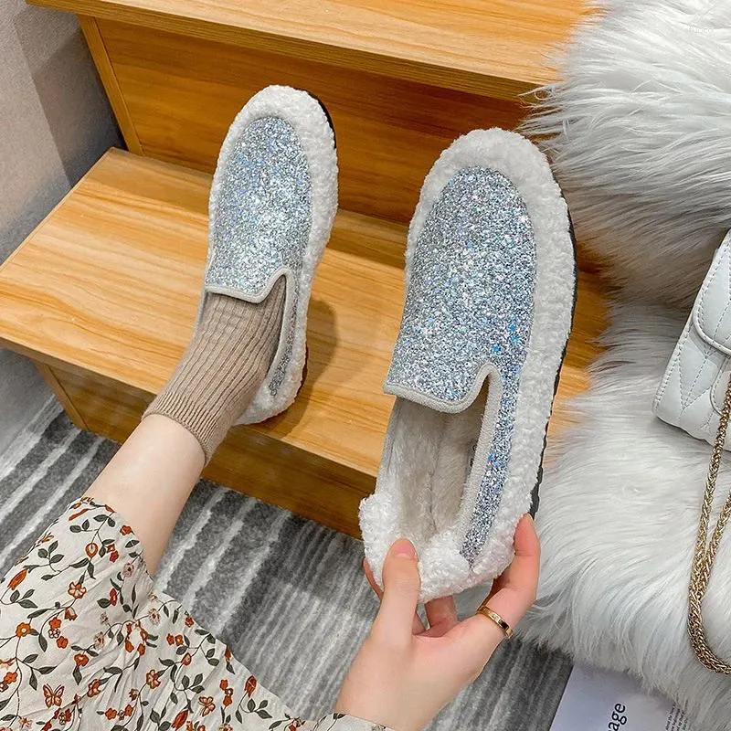 Повседневная обувь Bling Murs Flats Женщина пайлетт лоферы зимние хлопковые женщины сгущают скрепленные блеск из хранения