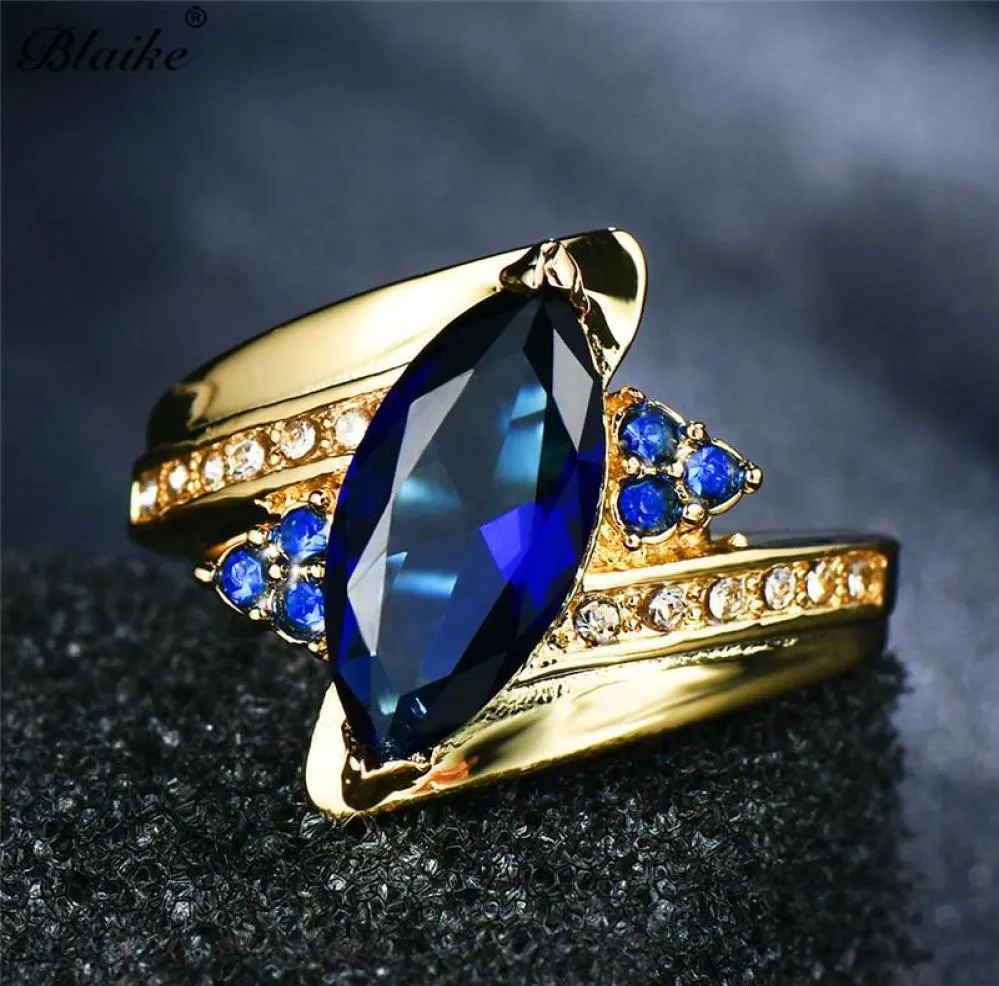 Anneaux de mariage Blaike rétro bleu foncé cubique zircone anneau doigt fiançailles pour les femmes en or jaune rempli de jonars bijoux de mode7960443