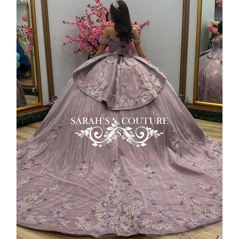 Roze glanzende 3D bloemen Appliques 2024 Quinceanera Dress Fairy Ball Jurk Bruid Robe Sweetheart Bridal Dresses Vestidos de Novia