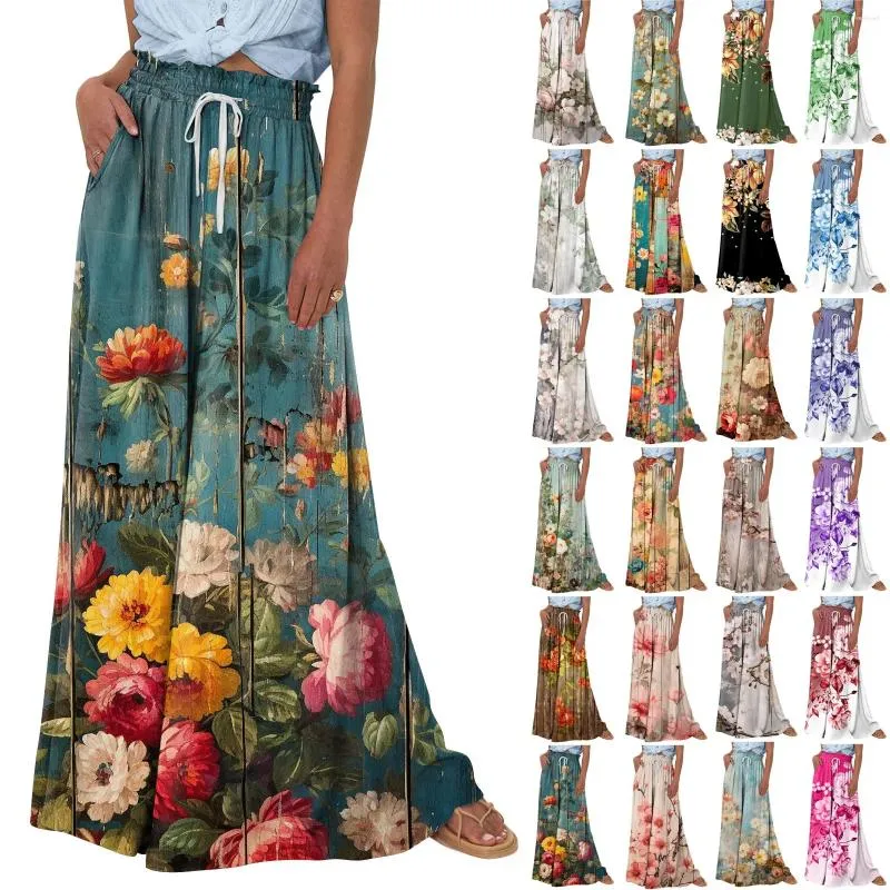 Women's Pants High Waisted Wide Leg Summer Casual Flowy Palazzo Floral Print Beach Trousers With Pocket Ropa De Mujer