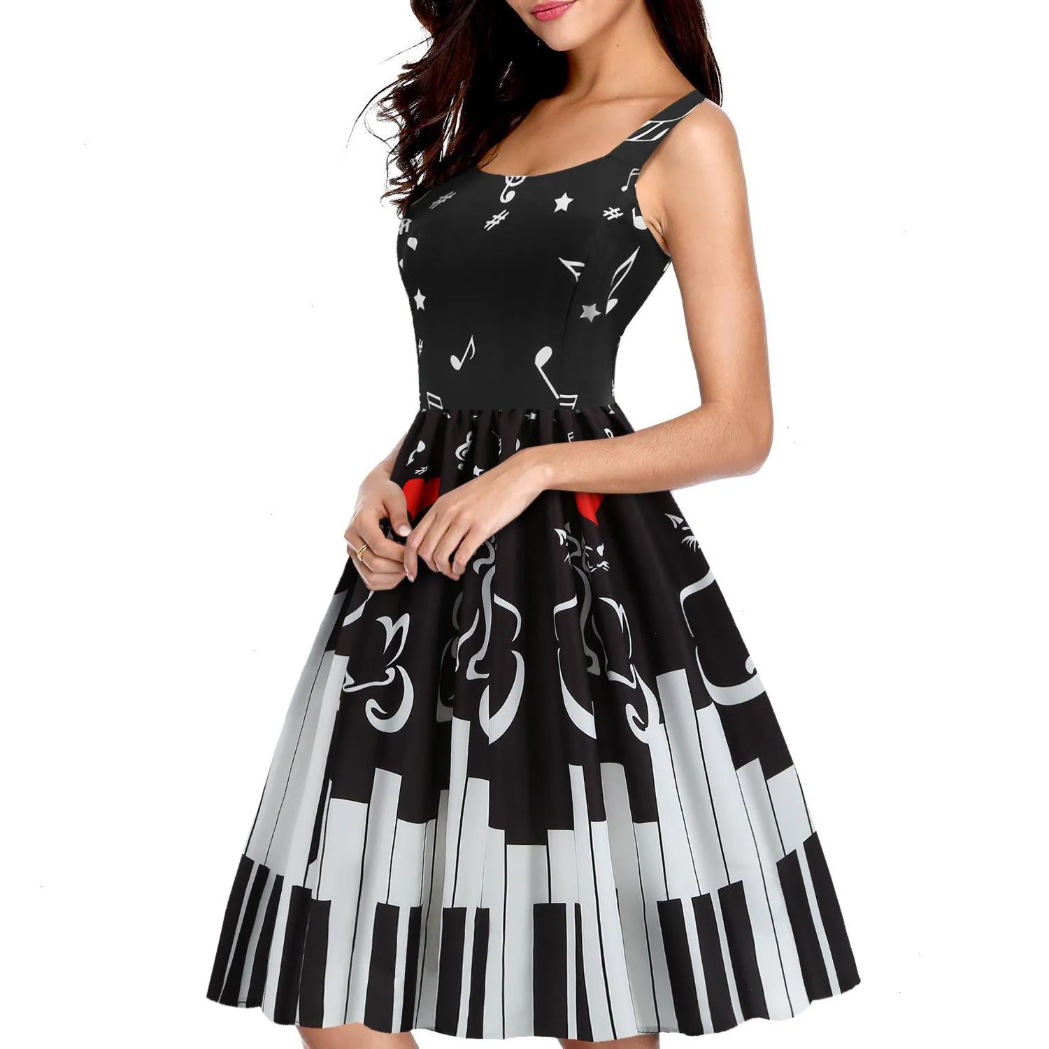 Elegante casual damesvest stikselmuzieknoot muziekscore bedrukte grote swing jurk