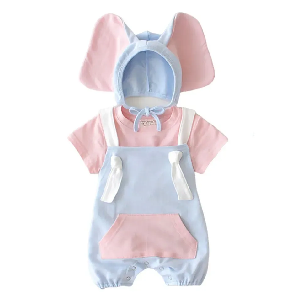 платья младенец комбинезон летний костюм милый слон детская одежда дышащая новорожденная каваи -мультфильм -пуловер детей 3 6 9 12 месяцев