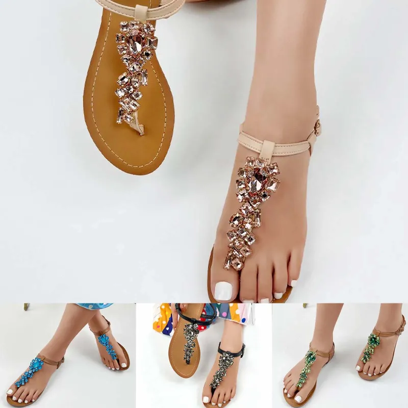 Casual Shoes 2024 Sandaler och tofflor Ladies Summer Wear Rhinestone Flat Non Slip Crystal for Women Wide Size 11ww