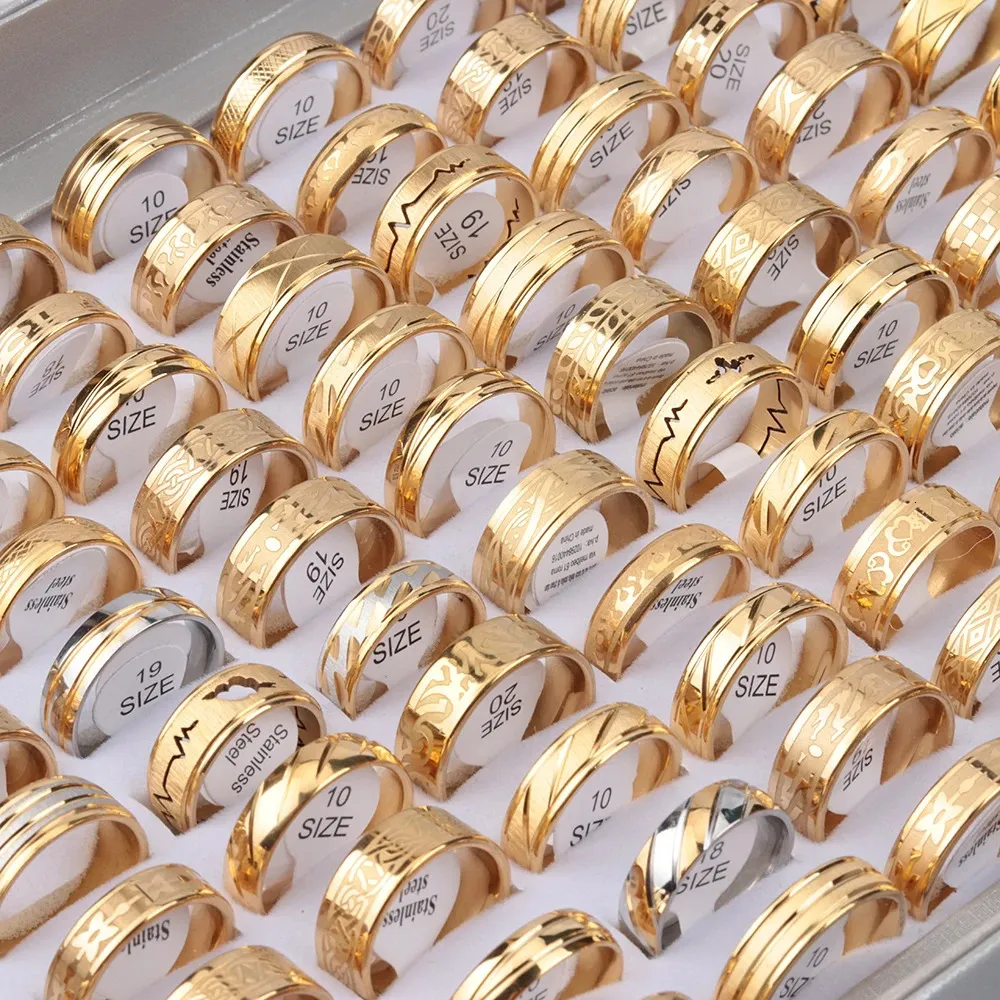 30 Pieces/Lot PVD Plating Hollow Stripe Carved Waterproof Stainless Steel Rings For Men and Women 240424