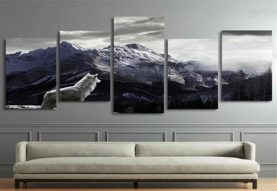 Cool HD Stampes tela arte murale soggiorno decorazioni per la casa immagini 5 pezzi Snow Mountain plateau dipinti di lupo di lupo poster per animali framew8588685